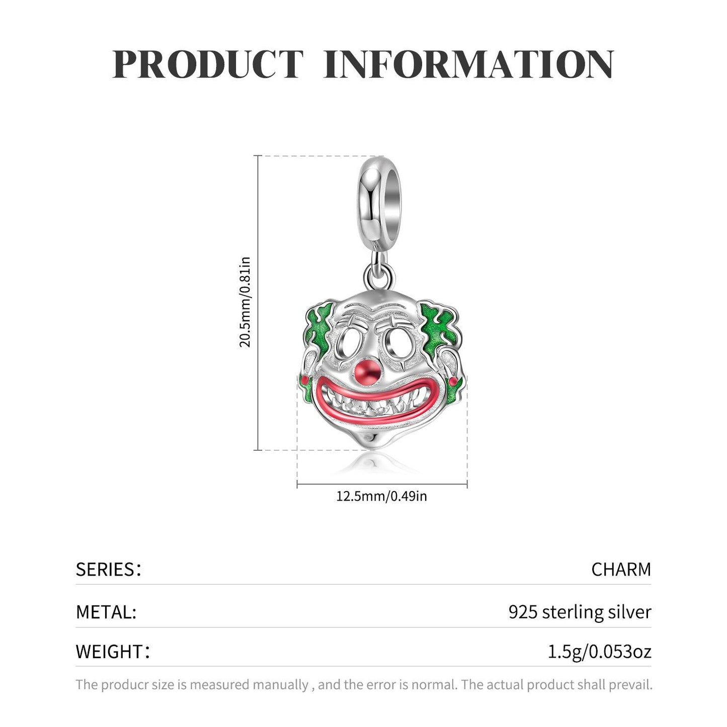925 sterling silver Clown Charm with product dimensions and weight, featuring a colorful circus design perfect for charm bracelets.