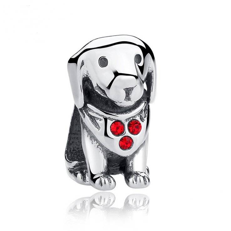 Adorable Dachshund Charm in silver with red gemstone accents, ideal for dog lovers' bracelets. A cute jewelry piece in the Charms & Pendants category.