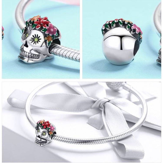Floral Skull Charm - Unique & Edgy Elegance for Your Bracelet 💀🌸 featuring colorful enamel flowers and intricate skull detailing, ideal for charm bracelets.
