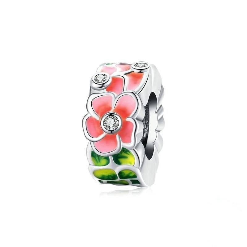 Elegant Floral Spacer charm with pink enamel flowers and crystal accents, perfect for nature-inspired bracelet designs in jewelry collections.