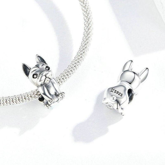 French Bulldog Charm in sterling silver featuring front and back views, perfect for pet lovers' charm bracelets. Celebrate your furry friend in style!