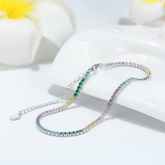 Elegant Full Zirconium Anklet with rainbow-colored zirconium stones, ideal for fashion-forward jewelry lovers seeking sparkle and sophistication.