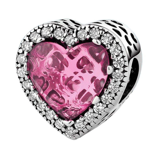 Glass Heart Charm - Elegant Love Symbol for Your Bracelet featuring a pink textured heart center with sparkling crystal accents in silver setting.