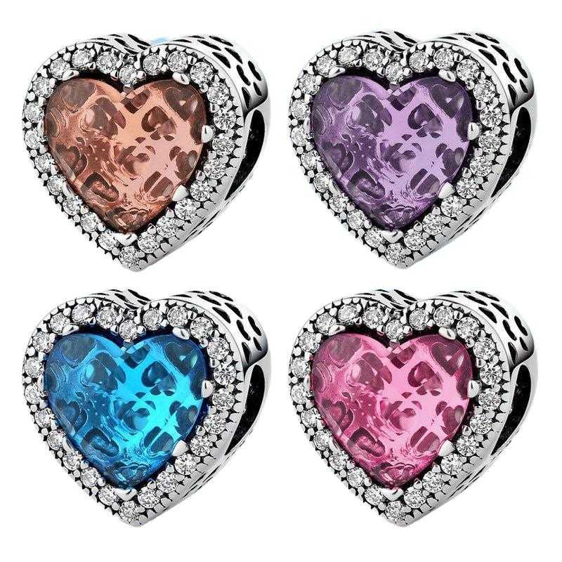 Glass Heart Charm - Elegant Love Symbol for Your Bracelet ❤️✨ in rose, purple, blue, and pink colors with crystal accents, ideal for charm bracelets.