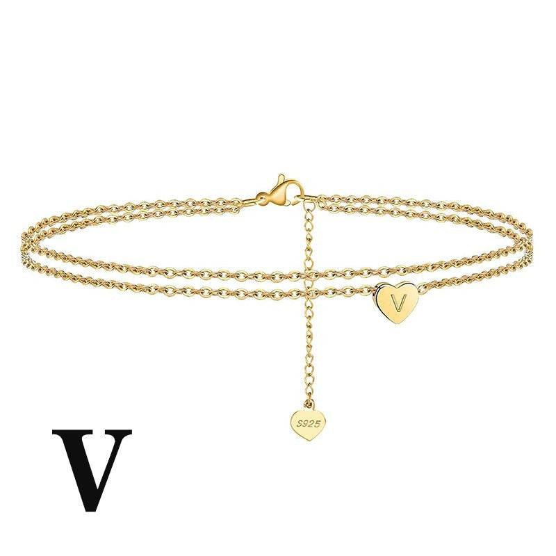 Custom Letter Heart Anklet with 'V' charm. Gold-plated sterling silver anklet for a unique and personal touch.