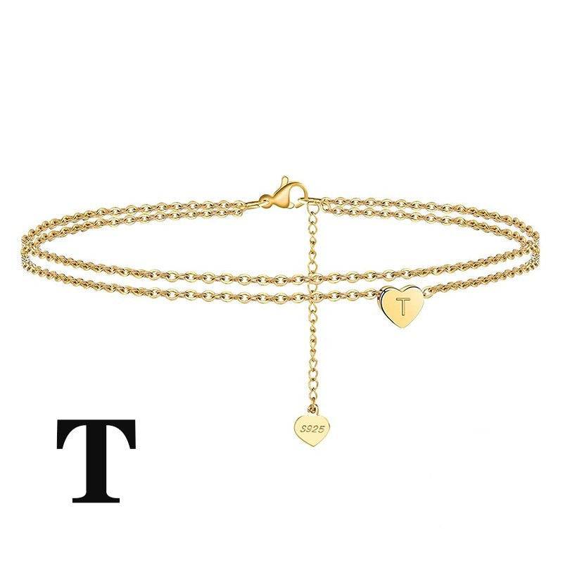Custom Letter Heart Anklet with 'T' charm in gold-plated sterling silver. Elegant and meaningful jewelry gift.
