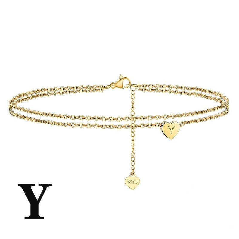 Gold-plated Letter Heart Anklet with 'Y' charm. Personalized and elegant ankle jewelry crafted from sterling silver.