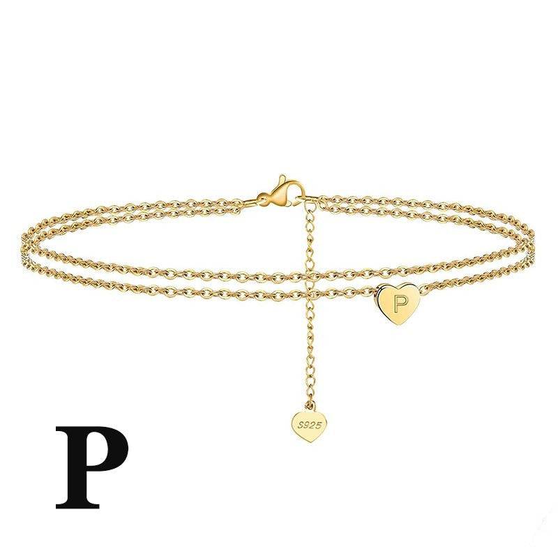 Gold Letter Heart Anklet with 'P' initial charm. Personalized ankle bracelet crafted from sterling silver.