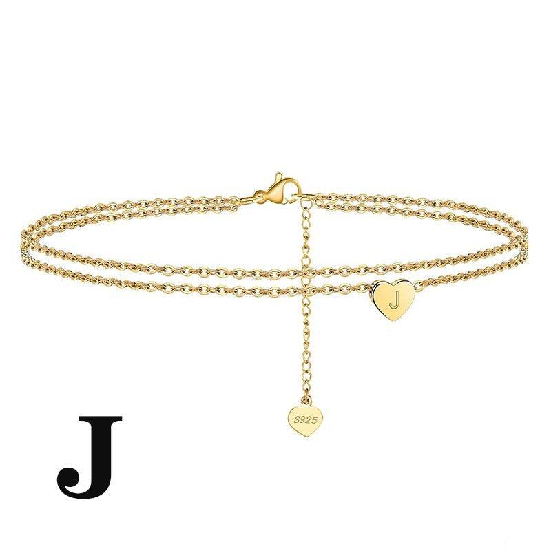 Gold-plated Letter Heart Anklet with engraved 'J' charm. Stylish and meaningful ankle bracelet for women.