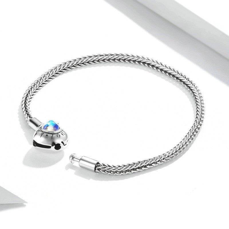 Heart Moonstone Inlaid Sterling Silver Bracelet shown with open clasp, highlighting its secure fastening and fine craftsmanship. Ideal for daily wear.