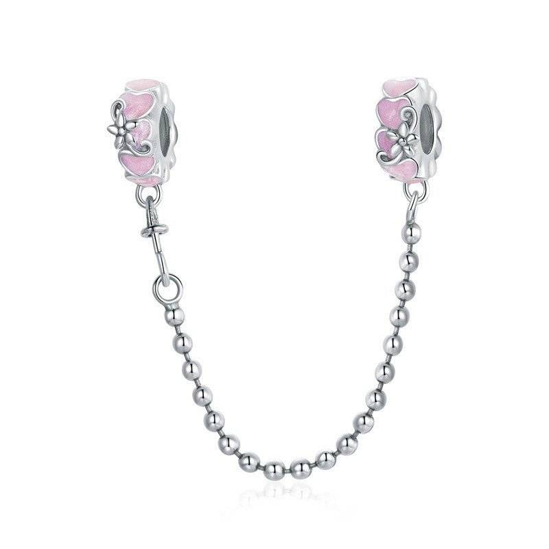 Elegant Heart Safety Chain with pink enamel hearts and silver bead chain, perfect for securing charms on bracelets with style and love.