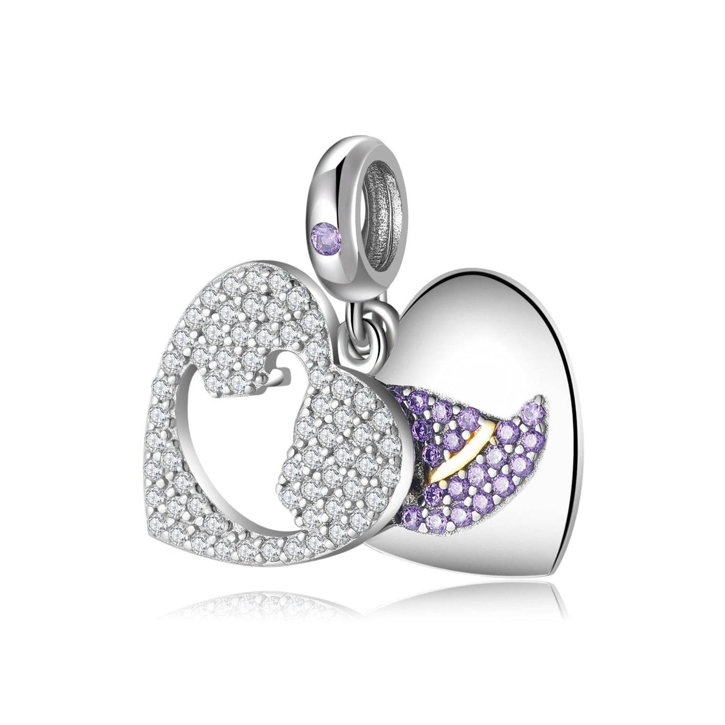 Close-up of the Charming Magic Hat Charm with detailed heart cutouts, purple stones, and moon design, perfect for bracelet customization.
