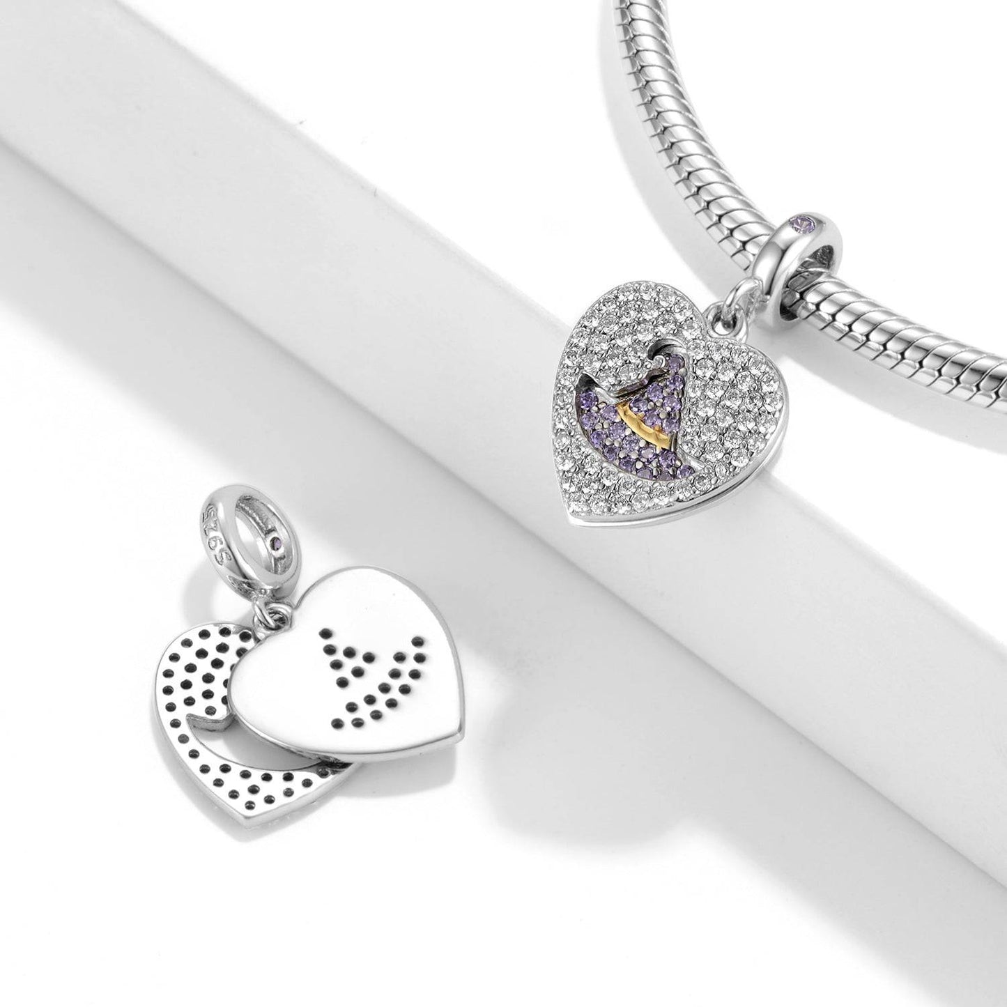 Charming Magic Hat Charm for Bracelets featuring dual heart design with sparkling crystals and moon motif, ideal for jewelry lovers.