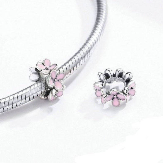 Pink Flowers Charm - Add Floral Elegance to Your Bracelet 🌸💖. Delicate silver charm with soft pink enamel flowers, perfect for spring-themed jewelry.