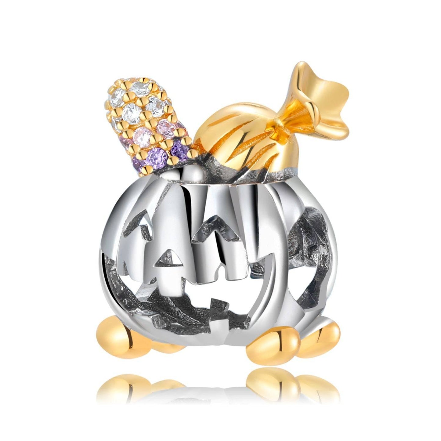 Charming Pumpkin Charm featuring a silver jack-o'-lantern design with gold-tone feet, candy corn, and a wrapped treat—ideal for Halloween jewelry.