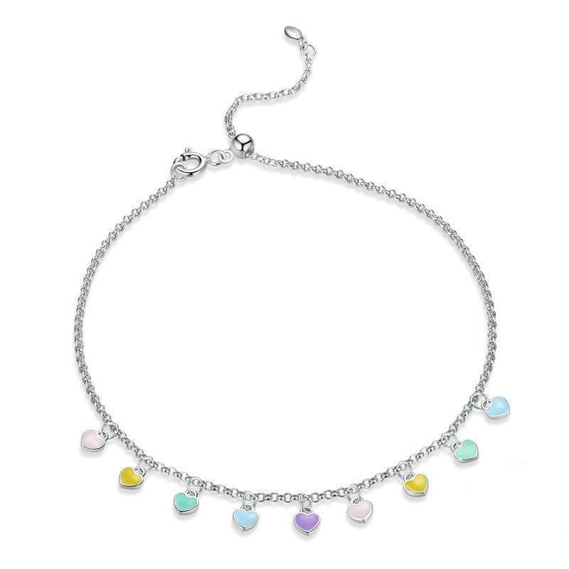 Colourful Rainbow Heart Anklet featuring multicoloured heart charms on a silver chain, perfect for vibrant summer fashion.