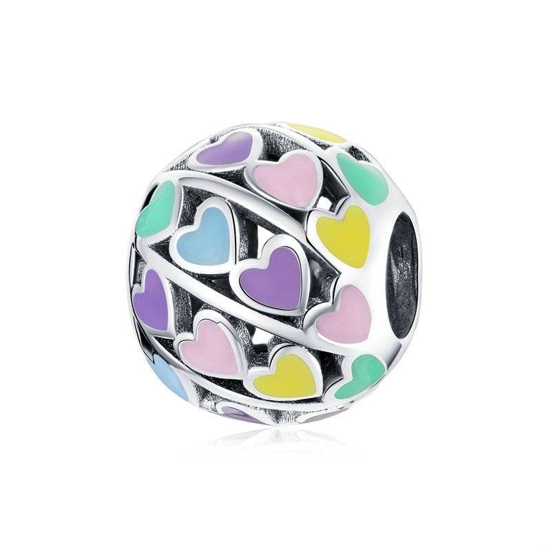 Rainbow Heart Charm - Vibrant Charms for Every Occasion🌈❤️ featuring multicolored enamel hearts on a silver round bead. Ideal for charm bracelets.