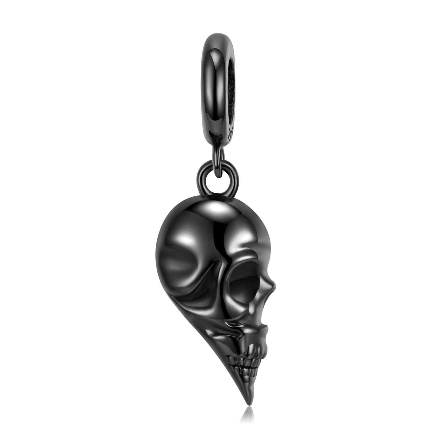 Black skull charm with teardrop shape, a sleek and minimalist gothic design from the Edgy Skull Charm for Bracelets collection.