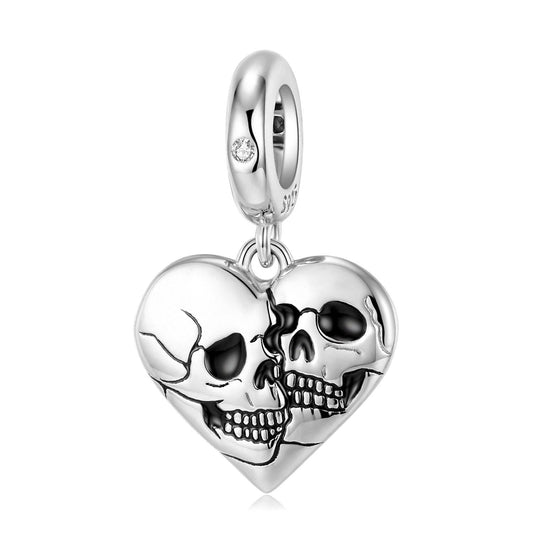 Silver heart-shaped charm with two kissing skulls, ideal for gothic jewelry lovers seeking Edgy Skull Charm for Bracelets.