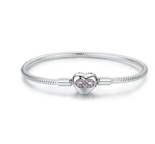 Trendy Snake Bone Bracelet featuring a heart-shaped clasp with pink crystal infinity symbol, perfect for edgy fashion lovers.
