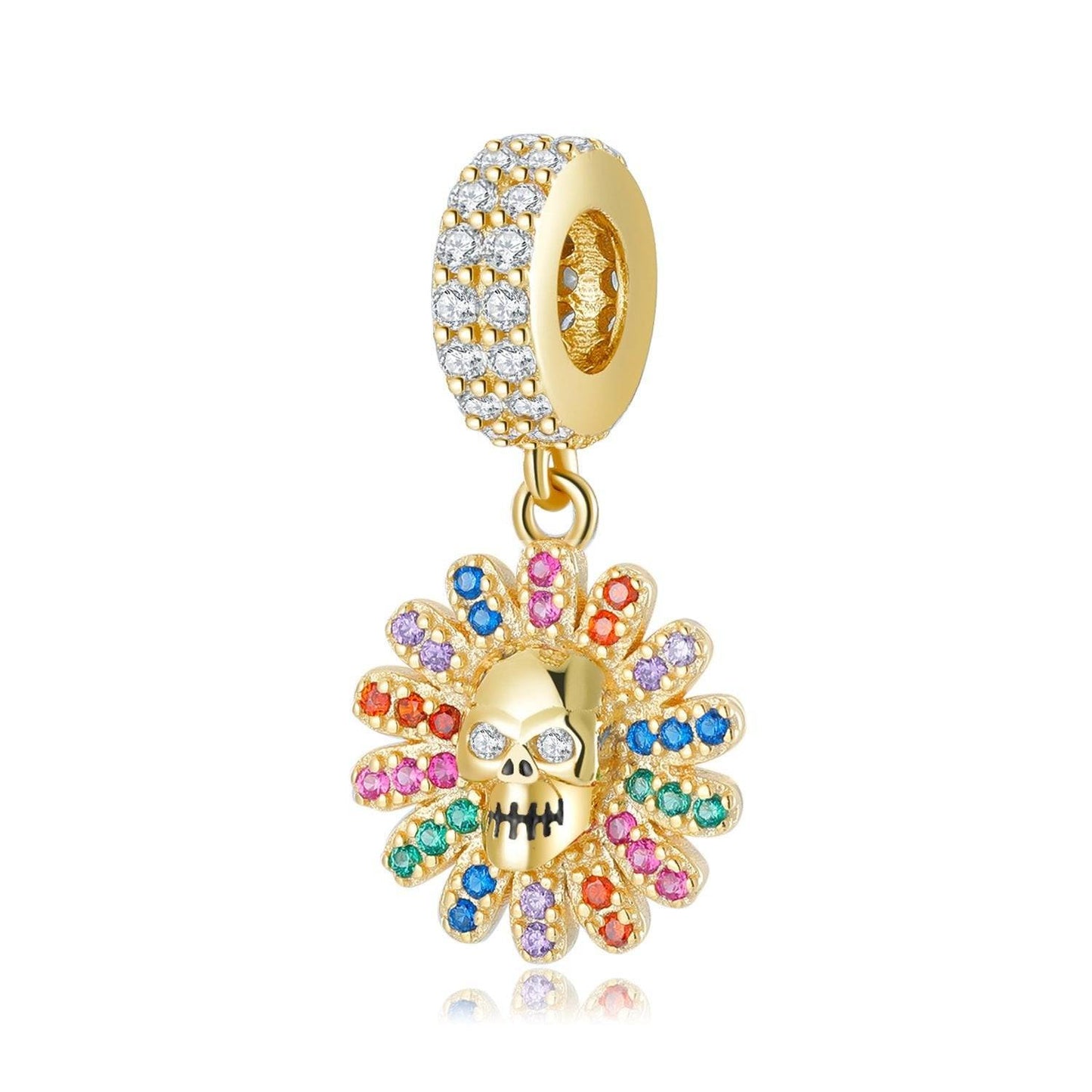 Unique Sunflower Skull Charm for Bracelets in gold with multicolor crystal petals and skull center, perfect for edgy floral jewelry lovers.