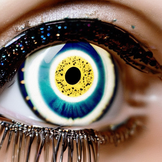 Close-up of a vibrant evil eye design with intricate blue, yellow, and black details, symbolizing protection and mystique.