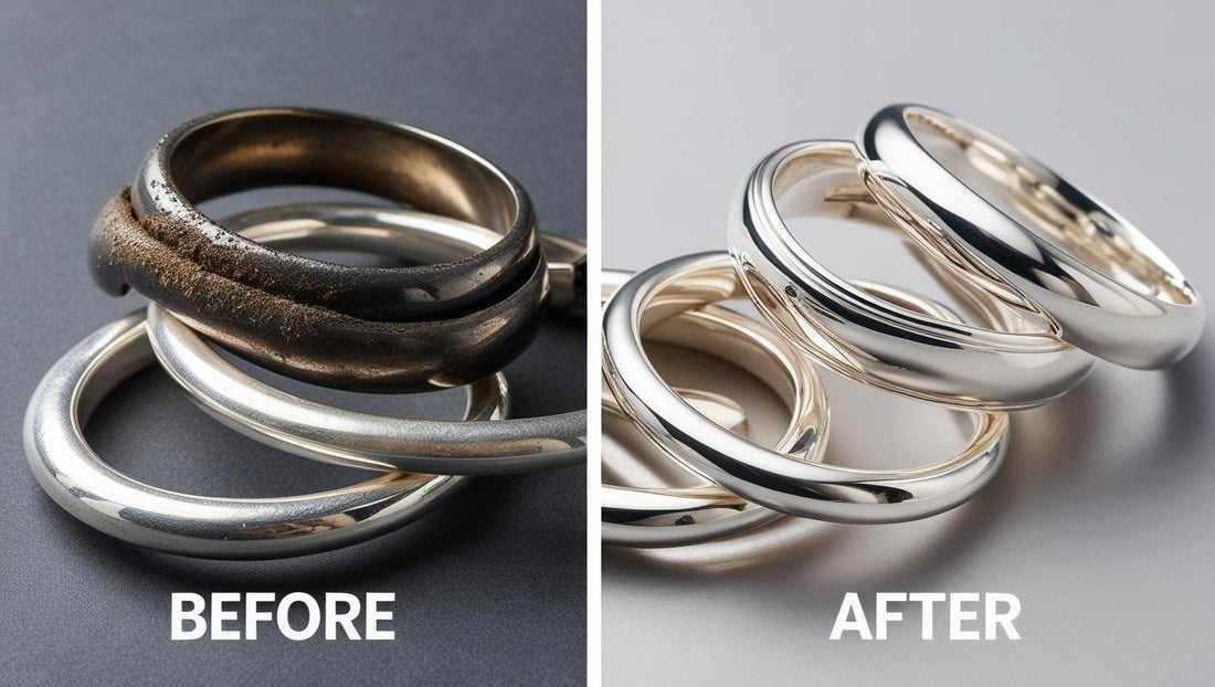 Before and after comparison of silver rings showing tarnished and polished states.