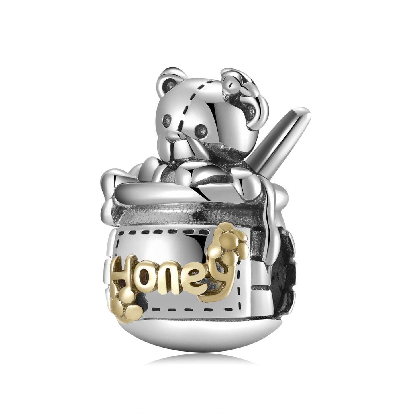 Honey Bear Charm with intricate silver and gold detailing, featuring a bear holding a honey pot. A nostalgic addition to any bracelet collection.