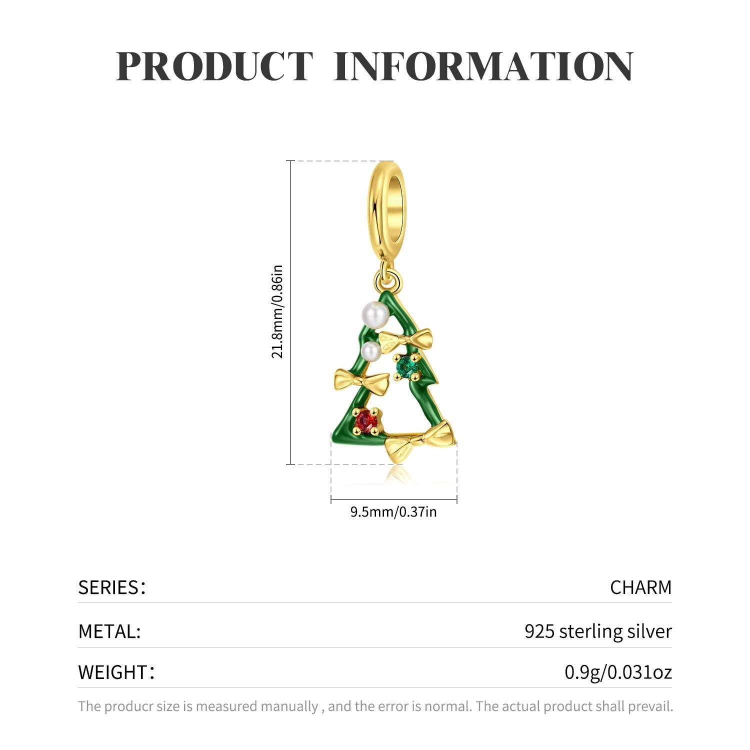 Product details of gold Christmas tree charm, size and material