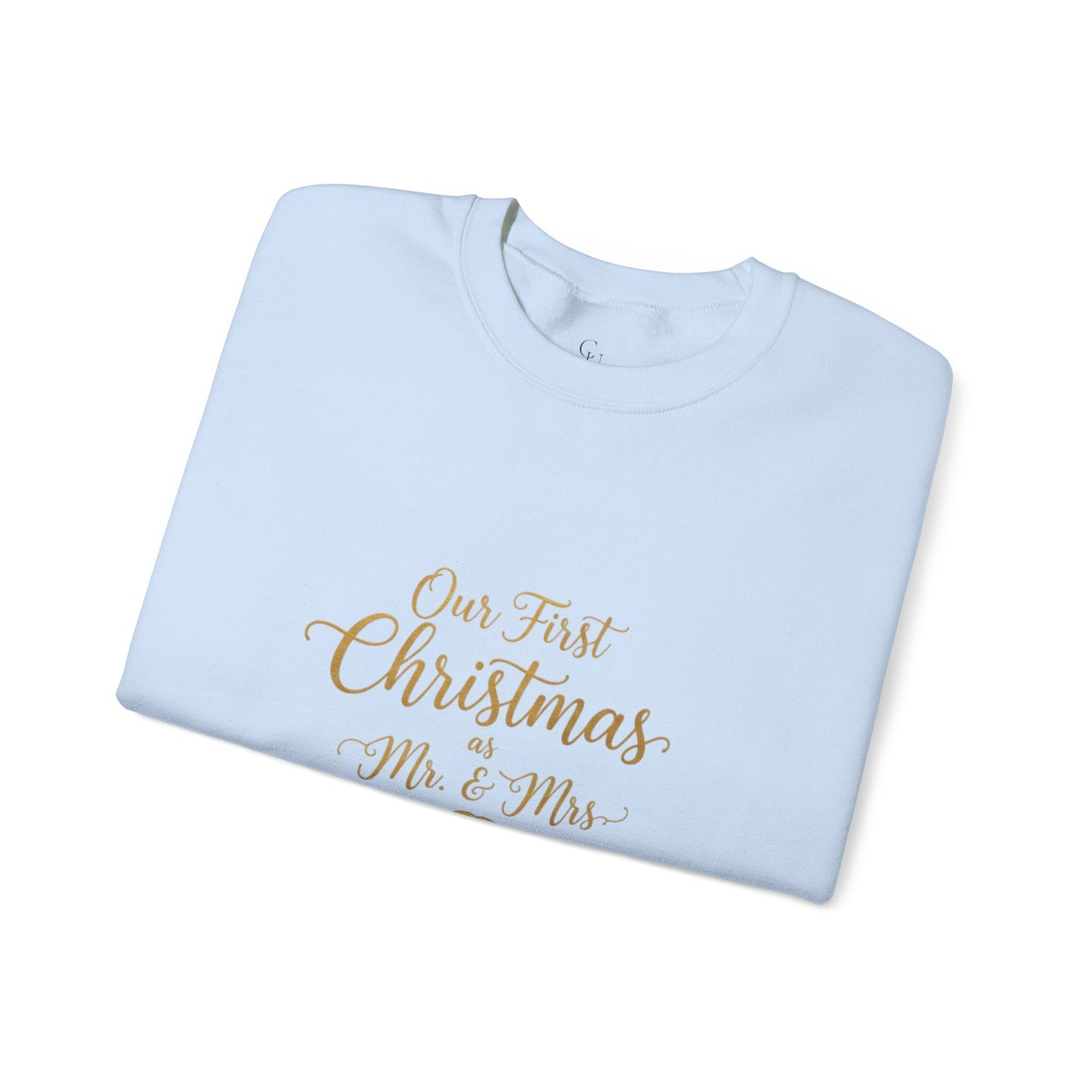 His/Hers Newlyweds Sweatshirt with 'Our First Christmas as Mr. & Mrs.' gold script, perfect holiday apparel for couples. Cozy unisex crewneck design.