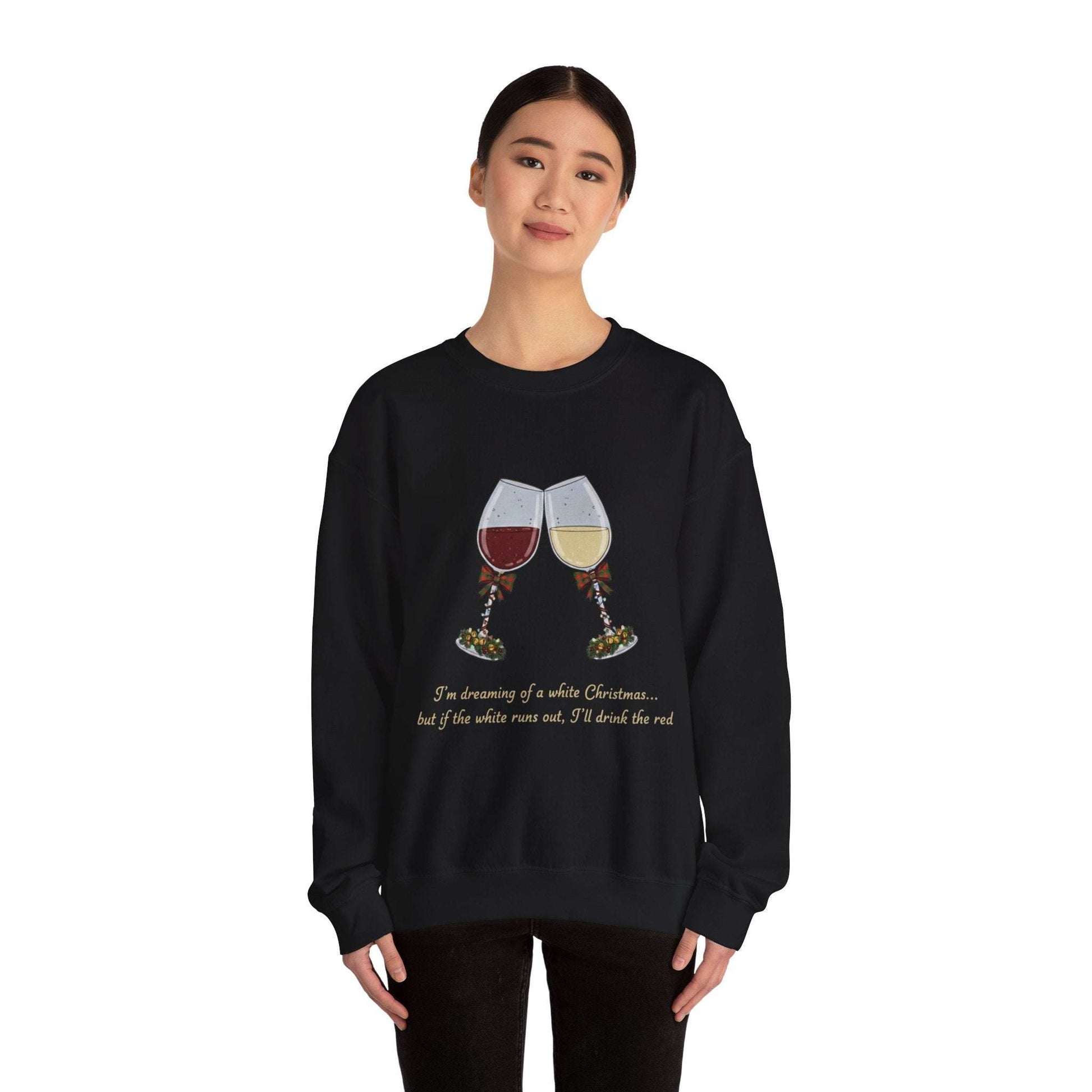 Women’s Christmas Wine Sweatshirt - Holiday Toast | Cozy Crewneck featuring embroidered red and white wine glasses with festive charms and holiday quote.