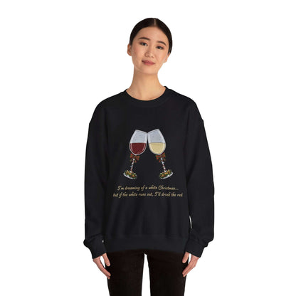 Women’s Christmas Wine Sweatshirt - Holiday Toast | Cozy Crewneck featuring embroidered red and white wine glasses with festive charms and holiday quote.