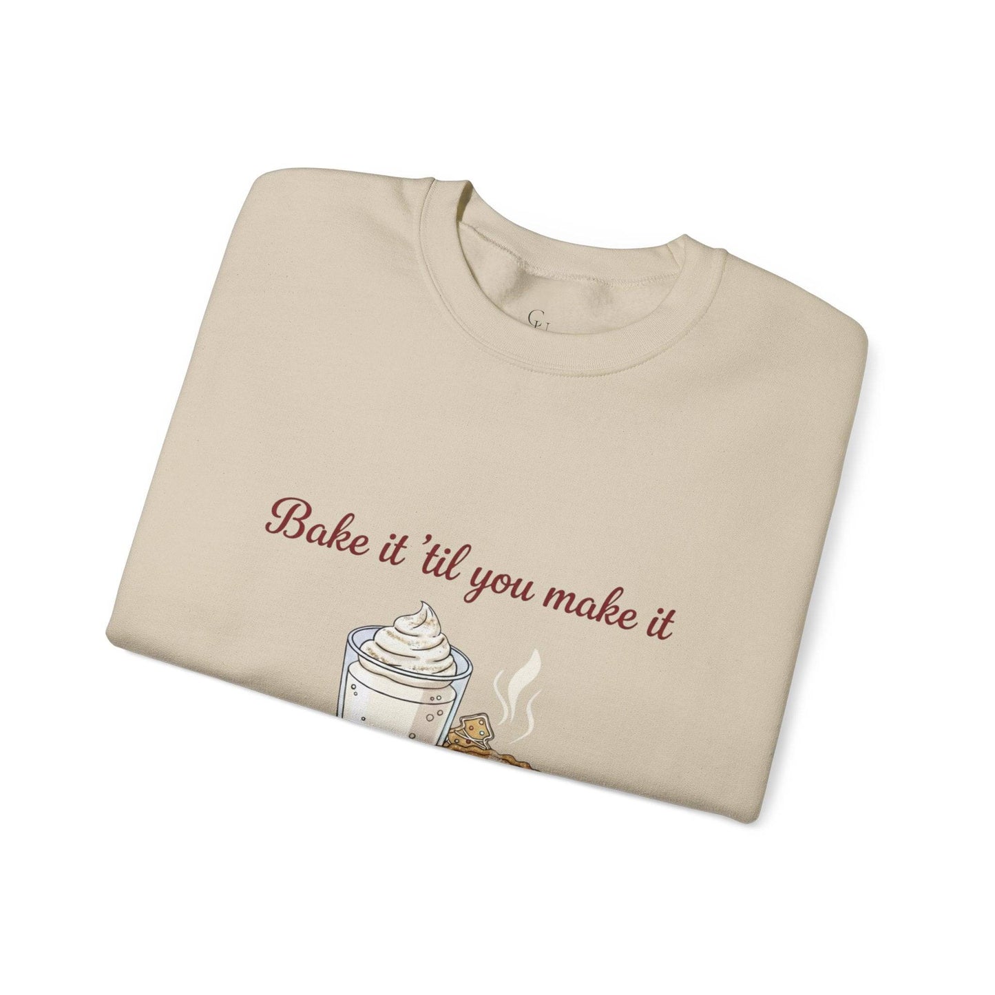 Women’s Sweatshirt - “Bake it ‘til you make it” folded beige crewneck with embroidered whipped cream and cookie design, ideal for cozy wine lovers.