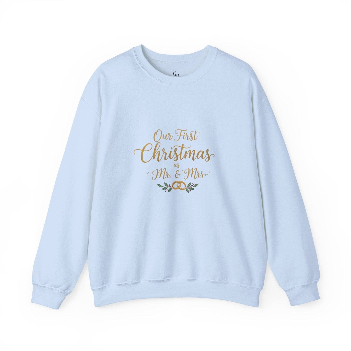 His/Hers Newlyweds Sweatshirt in light blue with 'Our First Christmas as Mr. & Mrs.' gold embroidery. Cozy unisex crewneck for holiday gifting.