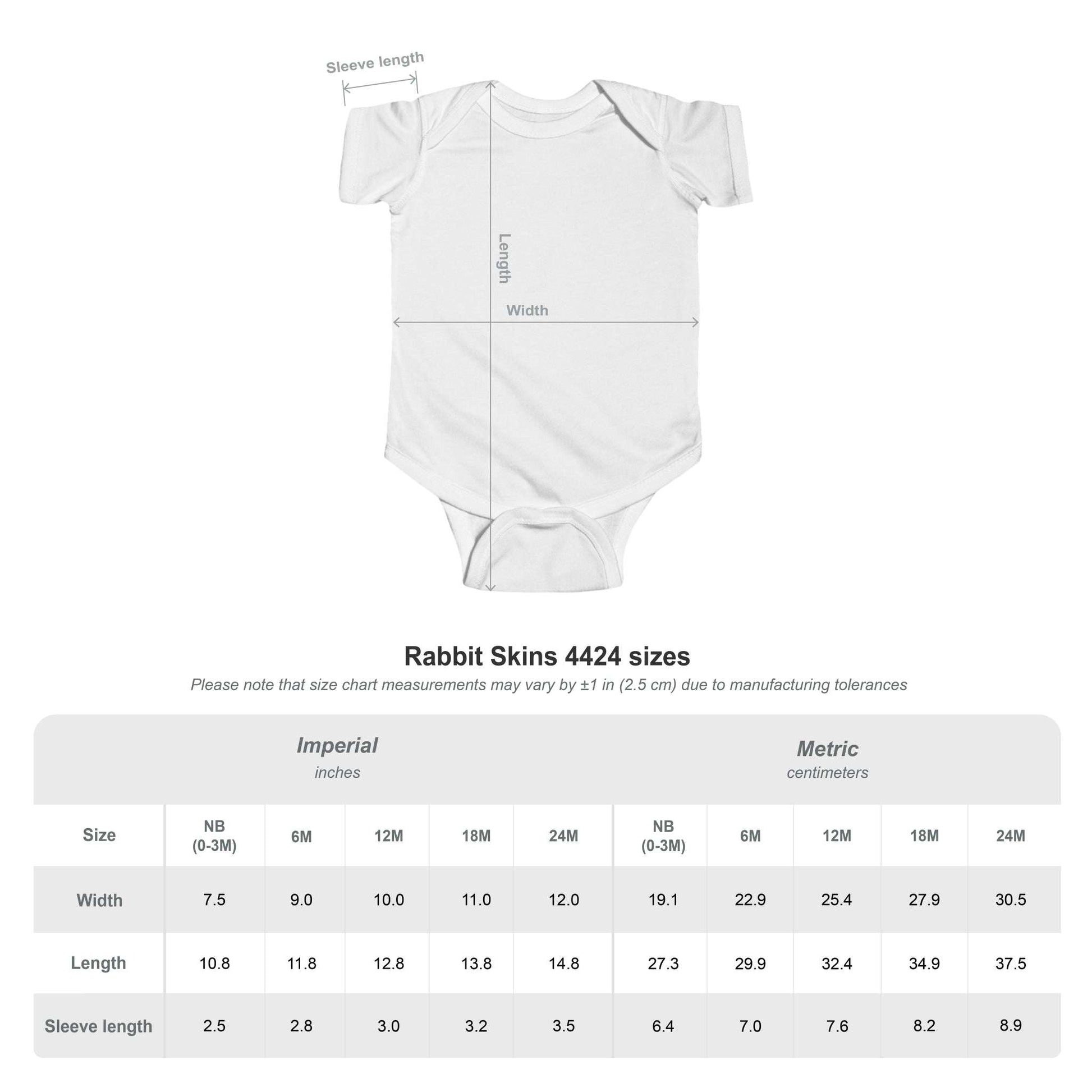 Infant Sleigh Bodysuit - Cozy Festive Wear | Soft Cotton, Easy Change. White short-sleeve baby bodysuit with size chart for newborn to 24M.