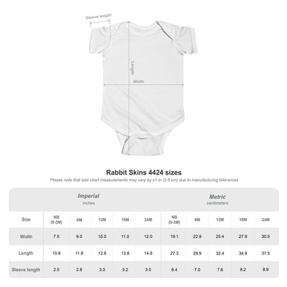 Infant Sleigh Bodysuit - Cozy Festive Wear | Soft Cotton, Easy Change. White short-sleeve baby bodysuit with size chart for newborn to 24M.