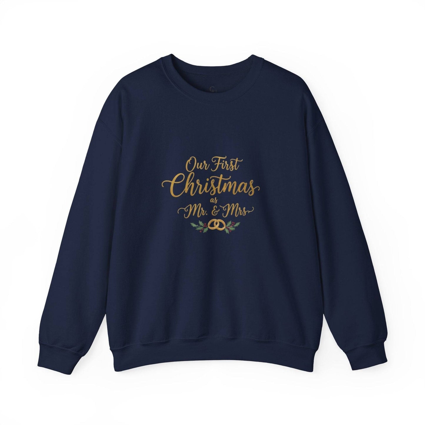 His/Hers Newlyweds Sweatshirt in navy with 'Our First Christmas as Mr. & Mrs.' gold script and festive design. Cozy unisex holiday apparel.