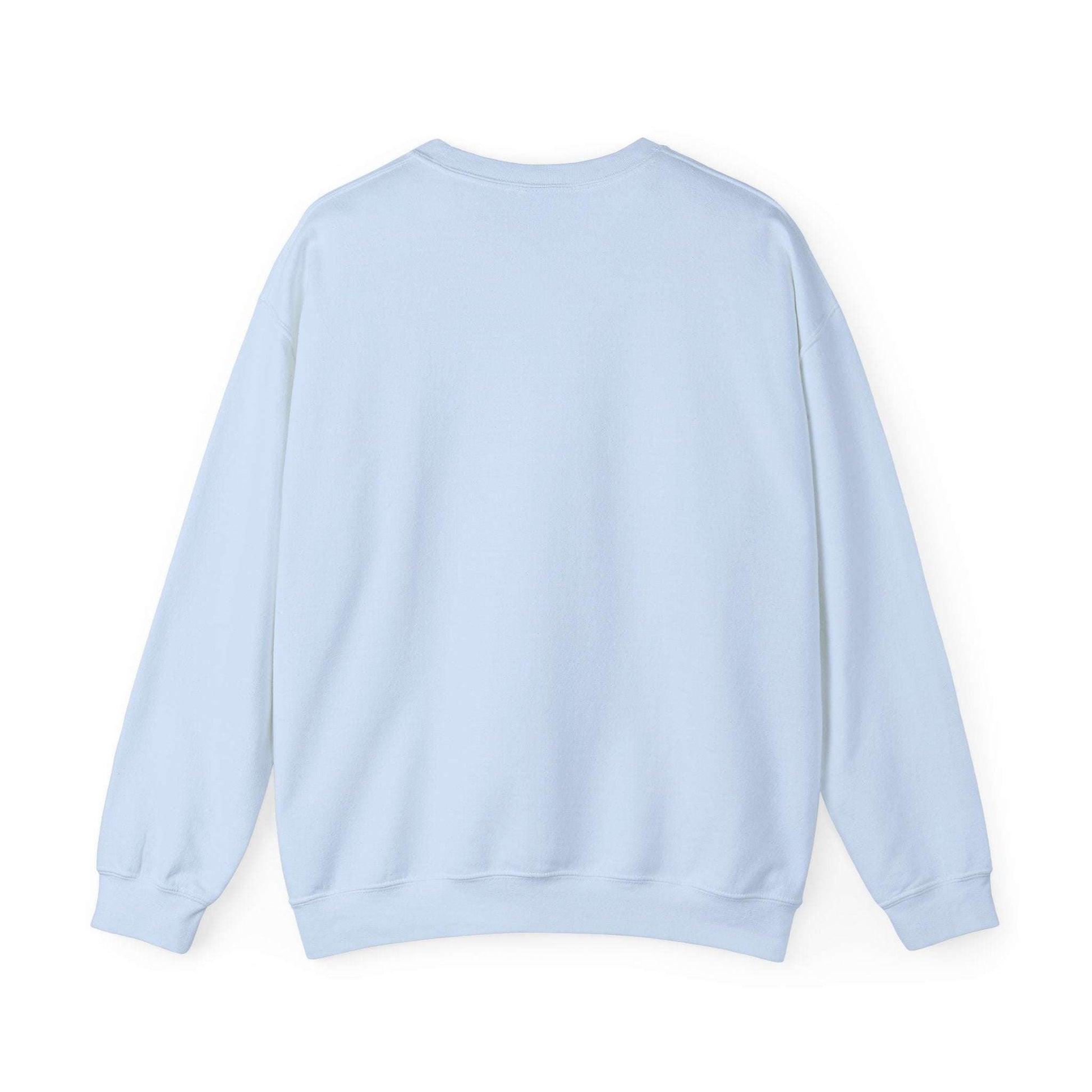 Back view of Women’s Christmas Wine Sweatshirt in light blue, showcasing cozy crewneck design for holiday comfort and winter wardrobe appeal.