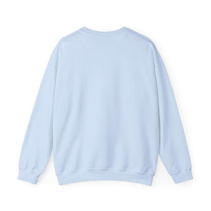 Back view of Women’s Christmas Wine Sweatshirt in light blue, showcasing cozy crewneck design for holiday comfort and winter wardrobe appeal.