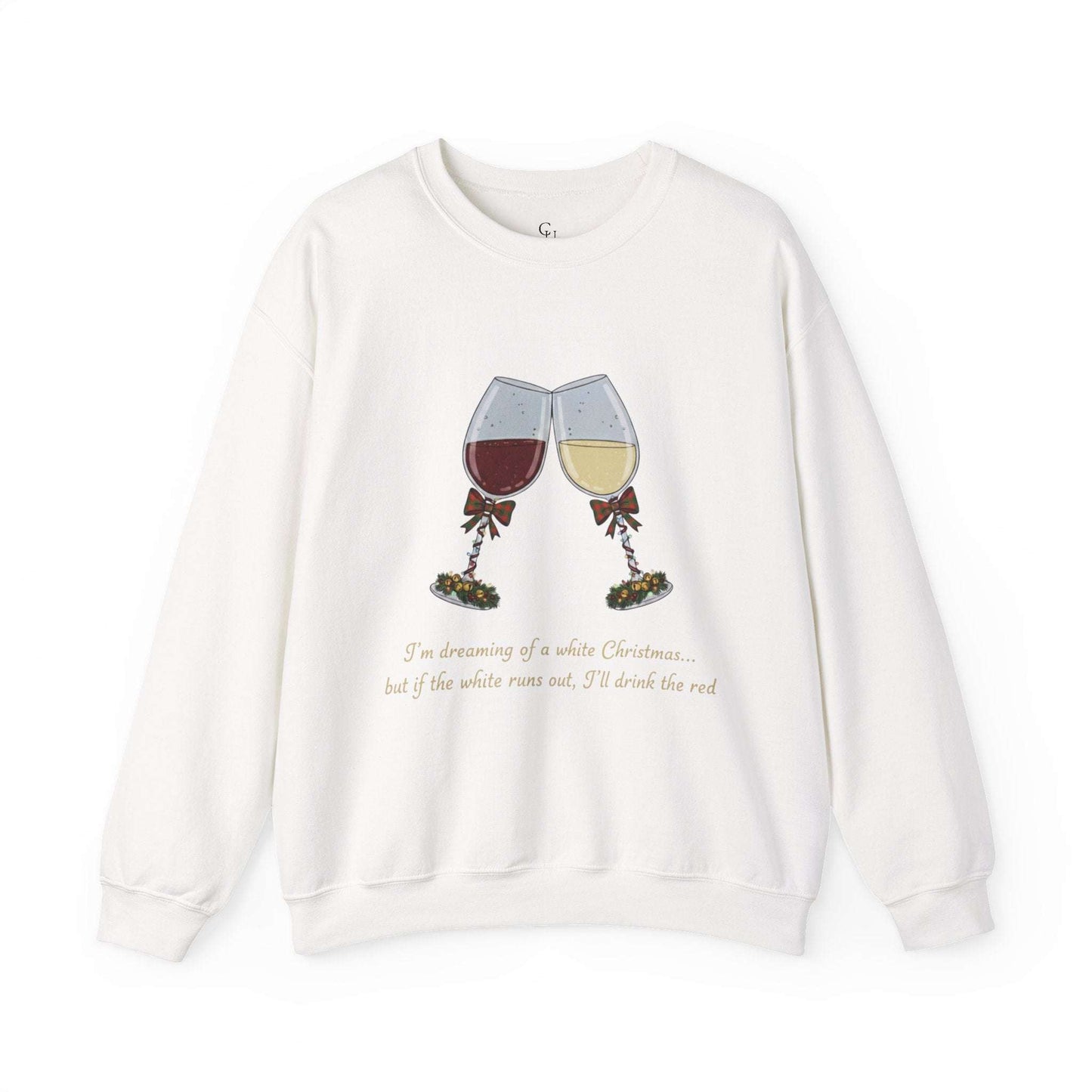 Women’s Christmas Wine Sweatshirt - Holiday Toast | Cozy Crewneck featuring two clinking wine glasses with festive bows and embroidered holiday quote.