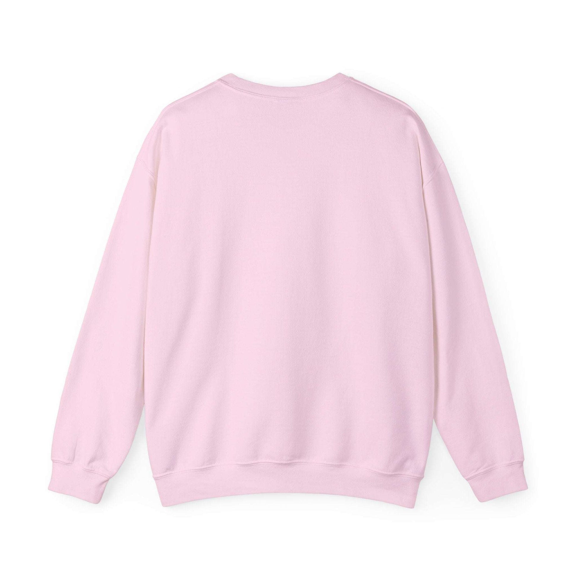 Back view of Women’s Christmas Wine Sweatshirt in pastel pink, cozy crewneck style perfect for holiday celebrations and winter layering.