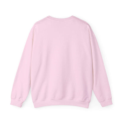 Back view of His/Hers Newlyweds Sweatshirt in pastel pink, unisex crewneck style with durable 50/50 cotton-poly blend for cozy holiday wear.