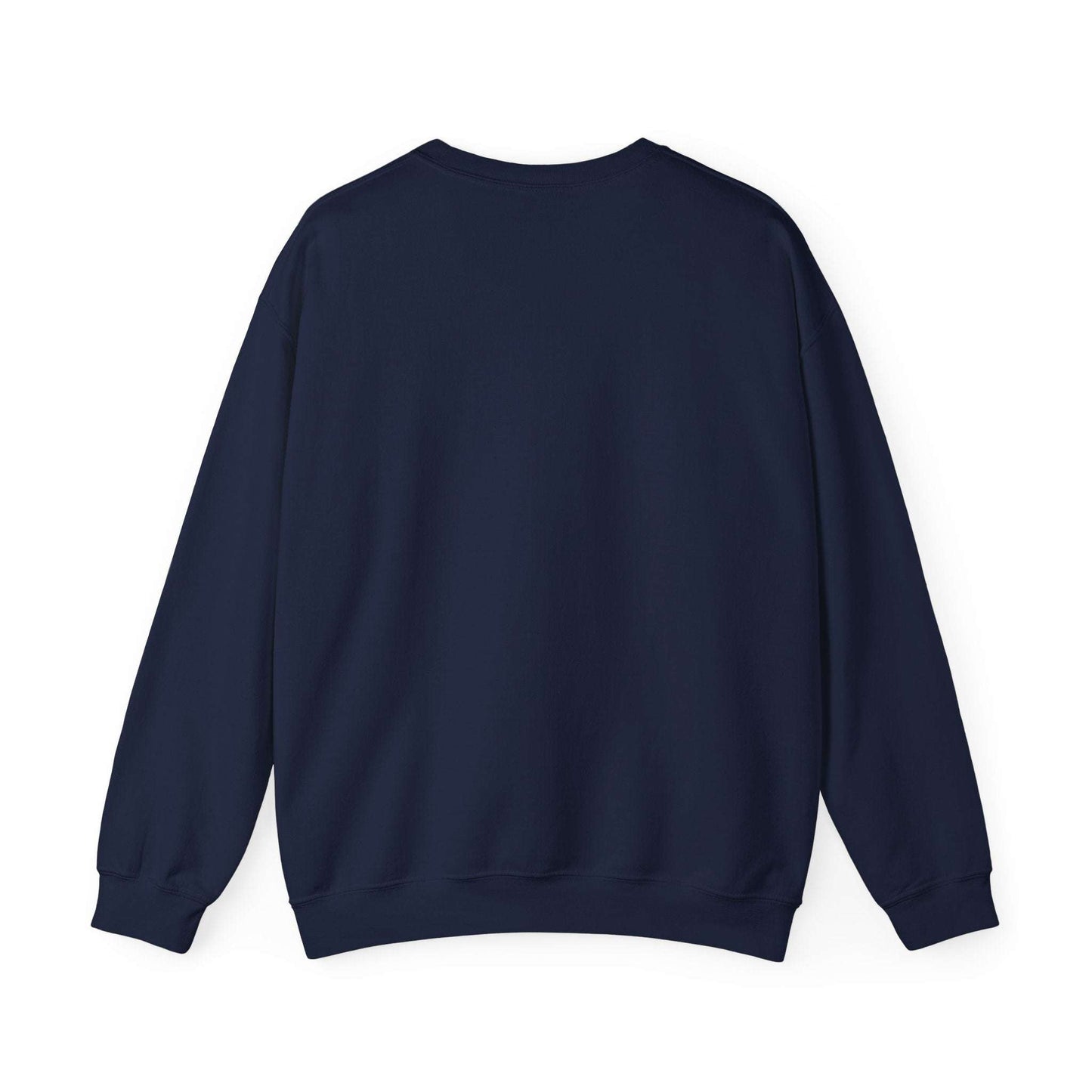Back view of His/Hers Newlyweds Sweatshirt in navy blue, unisex crewneck style made from a durable 50/50 cotton-poly blend for cozy comfort.