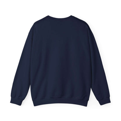 Back view of His/Hers Newlyweds Sweatshirt in navy blue, unisex crewneck style made from a durable 50/50 cotton-poly blend for cozy comfort.