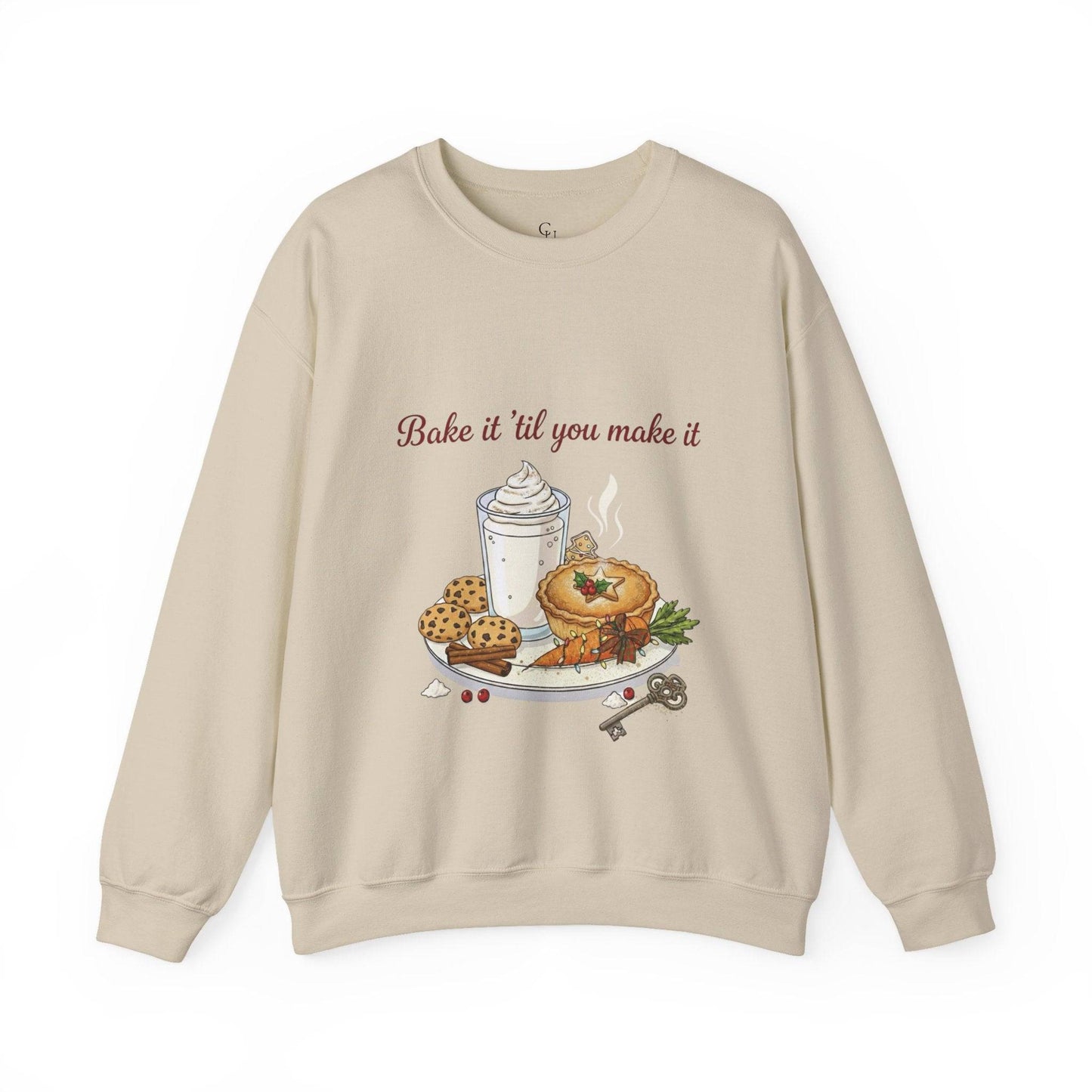 Women’s Sweatshirt - “Bake it ‘til you make it” in beige with embroidered pie, cookies, and whipped drink design. Cozy holiday apparel for wine lovers.