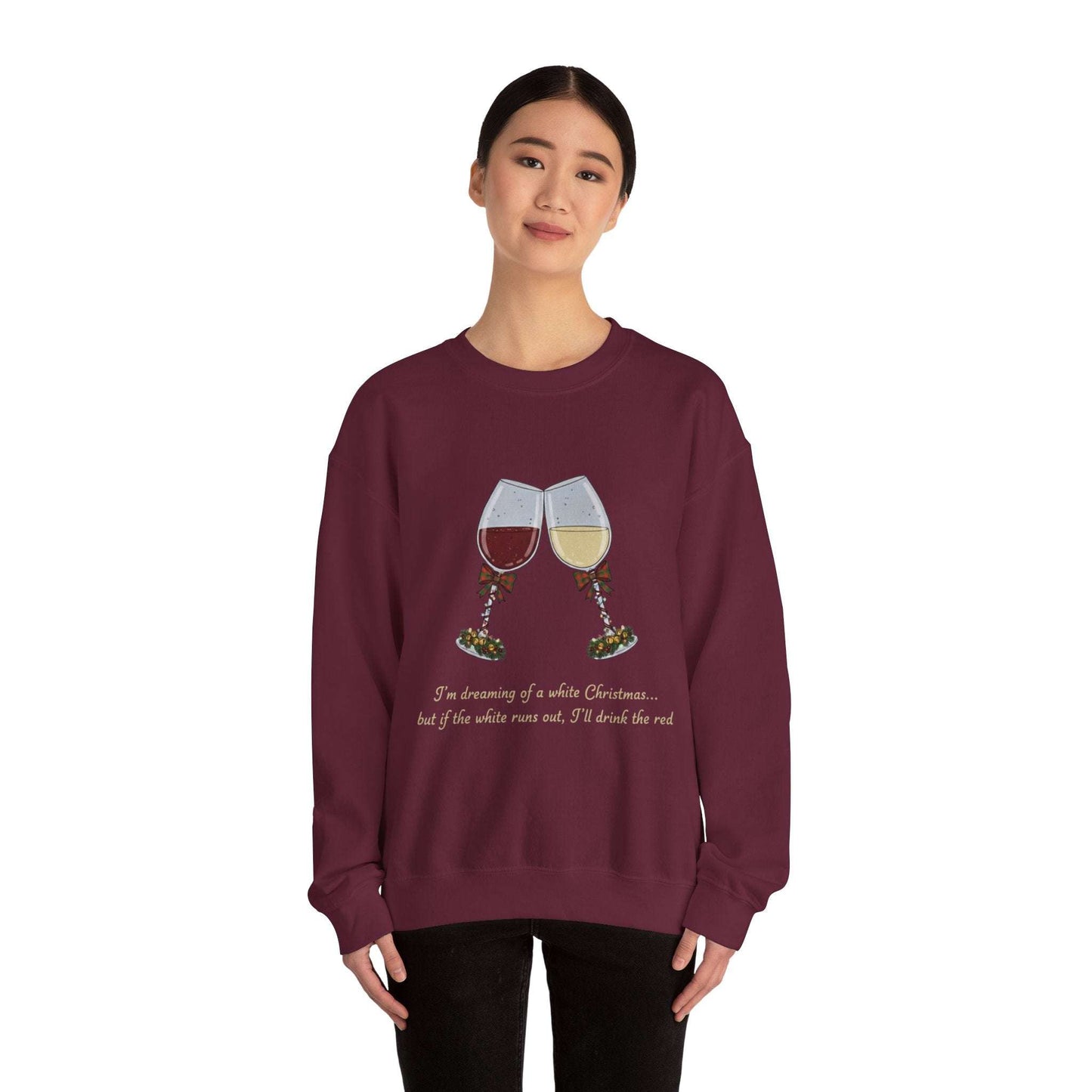Women’s Christmas Wine Sweatshirt - Holiday Toast | Cozy Crewneck in burgundy featuring embroidered wine glasses and festive quote, ideal for winter wear.