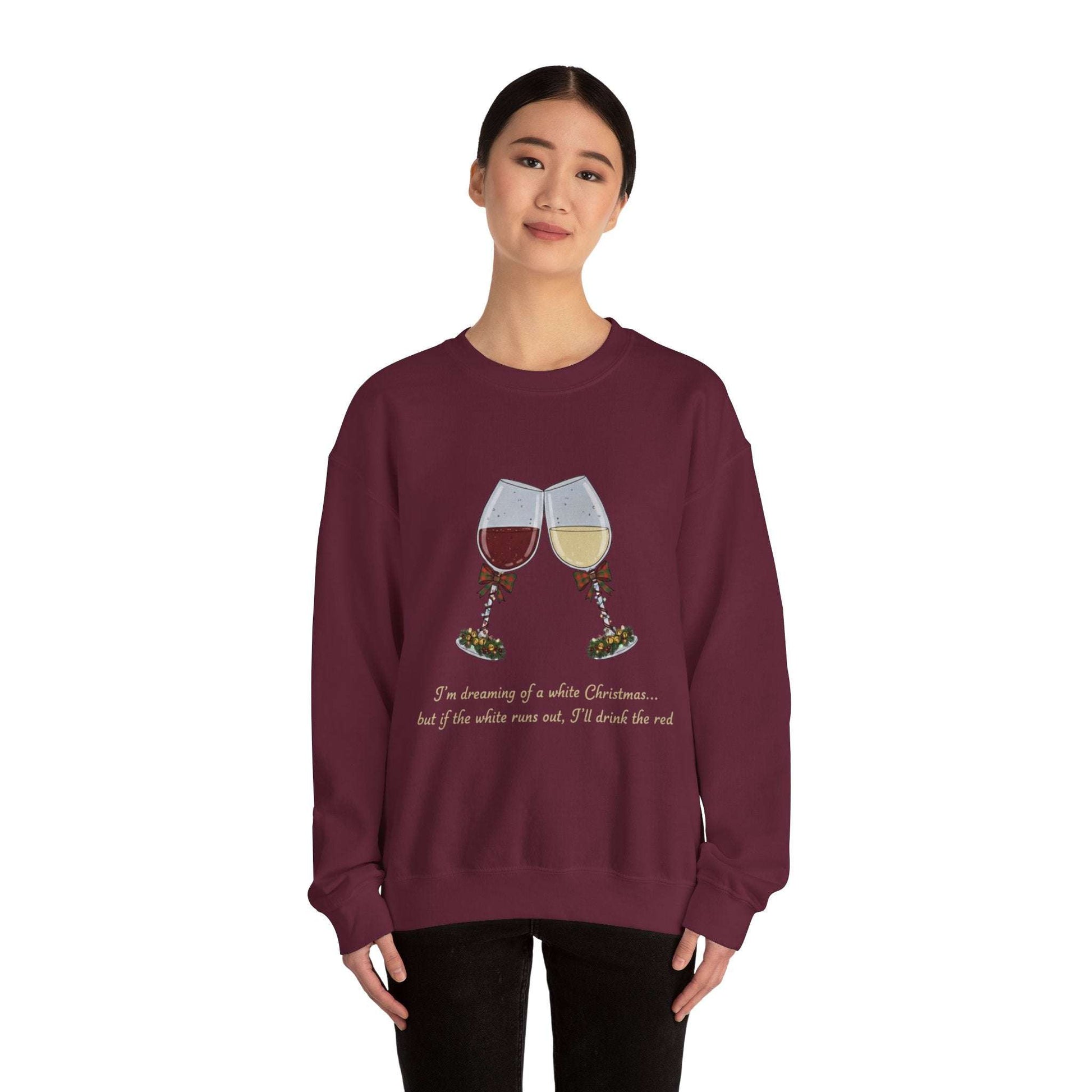 Women’s Christmas Wine Sweatshirt - Holiday Toast | Cozy Crewneck in burgundy featuring embroidered wine glasses and festive quote, ideal for winter wear.