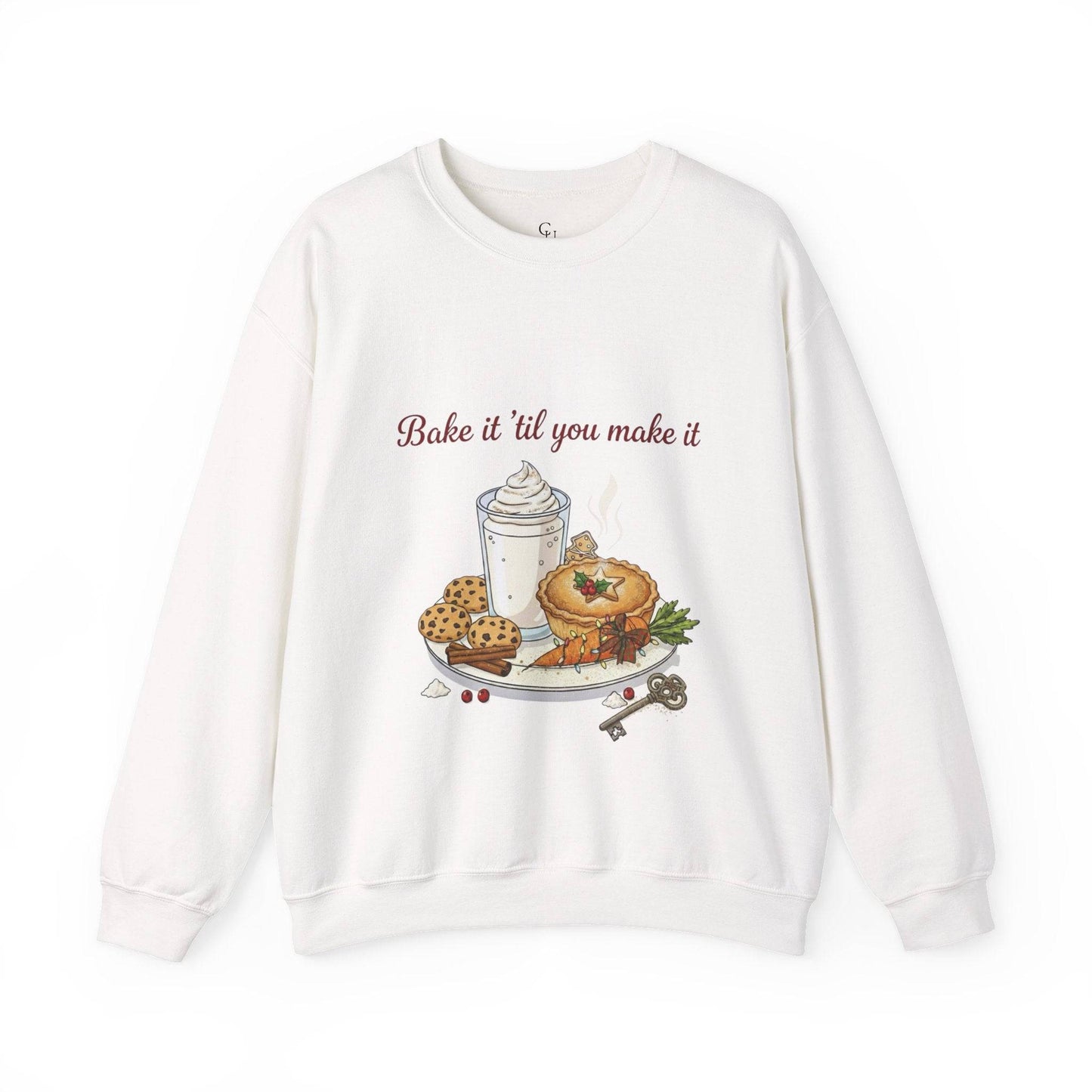 Women’s Sweatshirt - “Bake it ‘til you make it” features cozy dessert and wine-themed embroidery, ideal for fall fashion and holiday gifting.