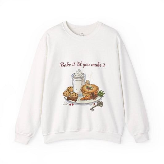 Women’s Sweatshirt - “Bake it ‘til you make it” features cozy dessert and wine-themed embroidery, ideal for fall fashion and holiday gifting.