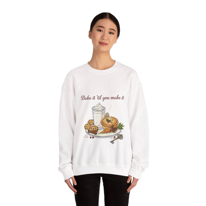 Women’s Sweatshirt - “Bake it ‘til you make it” features cozy food-themed embroidery with pastries, coffee, and wine charm. Ideal for fall fashion and holiday gifting.